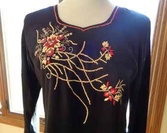 Vintage Black Silk Like Chiffon Long Length Tunic Top with Hand Sewn Embroidery and Beaded Floral Design in Very Good Condition, Size 10/12