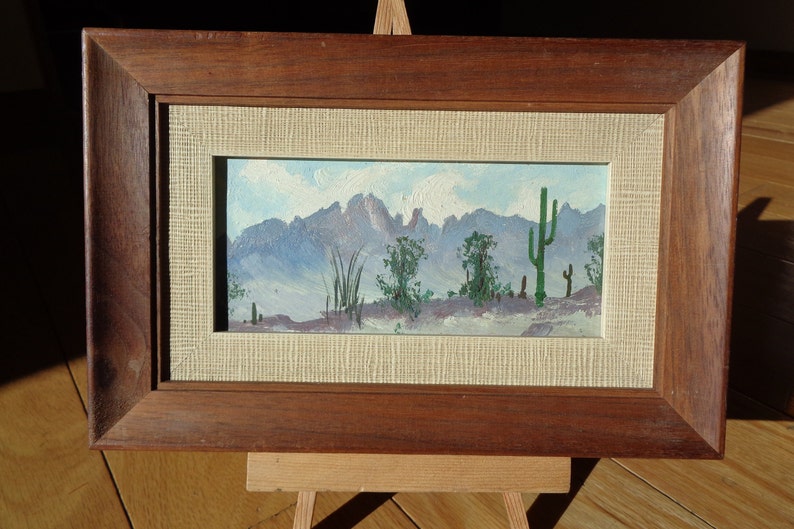 Vintage Hand shops Painted Desert Landscape Scene, Dainty Desert Painting in a cool blue and purple color palette with Mountains and Cacti plants