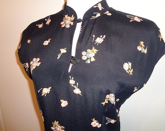 Vintage Floral Silk Dress, Mandarin Collar, Size 12