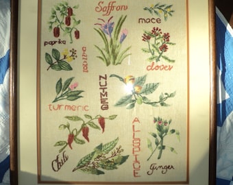Vintage Crewel Embroidered Spice Plant Art, Framed Linen Tapestry