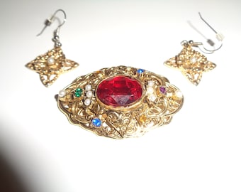 Vintage Faux Gemstone Brooch and Earrings Set, Gold Filigree