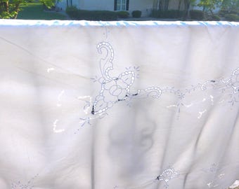 Vintage White Cotton Tablecloth with machine embroidered blue floral cutout design 68" x 84"