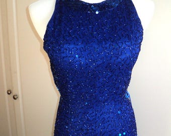 Vintage Royal Blue Silk Gown, Beaded Sequin Formal Dress (Size Medium)
