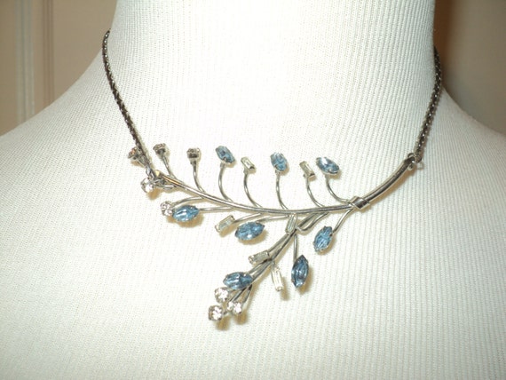 Vintage Rhinestone Branch Choker Necklace, Blue Crystal Jewelry