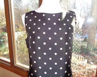 Vintage Polka Dot Silk Dress, Black and White Sleeveless Sheath, Size 10