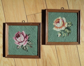 2 Vintage Rose Floral Needlepoint Samplers of a  Pink Rose and Yellow Rose, Hand Sewn Flowers in matching wood frames in Great Condition