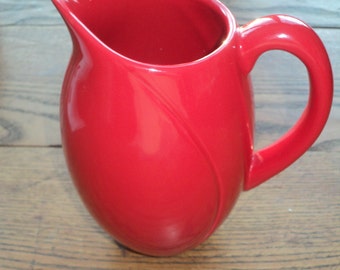 Retro Red Glazed Ceramic Pitcher, Cottage Chic Decor (6.5")