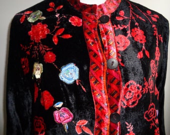 Vintage Velvet and Floral Jacket with machine embroidered floral design  in Very Good Condition, Made in India in the 1990's