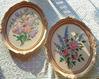 Framed Floral Embroidery Pair, Vintage Needlepoint Tapestries (24x20.5)