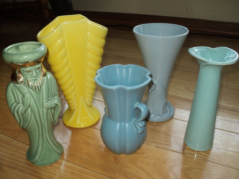 5 Vintage Vasesinstant Collection Of Interesting Aqua Blue Etsy