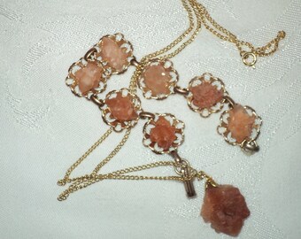 RUSTIC AND RAW Vintage Rock Quartz Crystal Jewelry Set with  a necklace and bracelet made with natural organic iron ore colored crystals