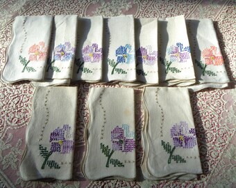 Hand Embroidered Linen Napkins, Vintage Floral Cross Stitch, Set of 10