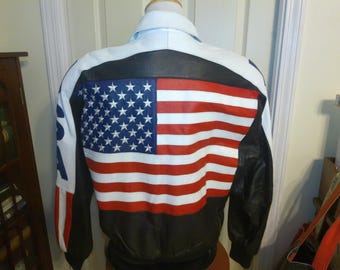 Michael Hoban Wheremi 1931 Leather Bomber Jacket, Patriotic USA Theme, Men's Large