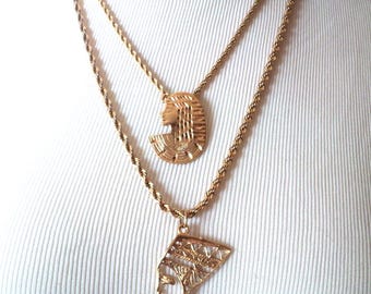 Nefertiti & Pharaoh Gold Filled Necklace Set, Egyptian Jewelry