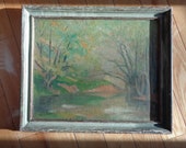 Antique Oil Painting on an Old Canvas Board, Ethereal Landscape Scene of a Bridge by a river 39 s edge bank, Surreal Ethereal Style Art Work
