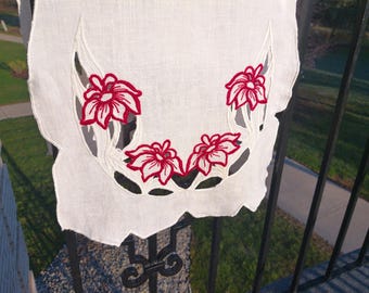 Vintage Pure Linen Machined Embroidered Table Runner or Tea Towel with beautiful Red and White Cut Out Florals in Very Good Condition