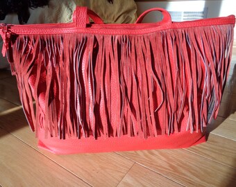 Retro RED PLEATHER FRINGE Large Sized  Purse with great red real suede trim finish in Vintage Condition that can hold many things to carry