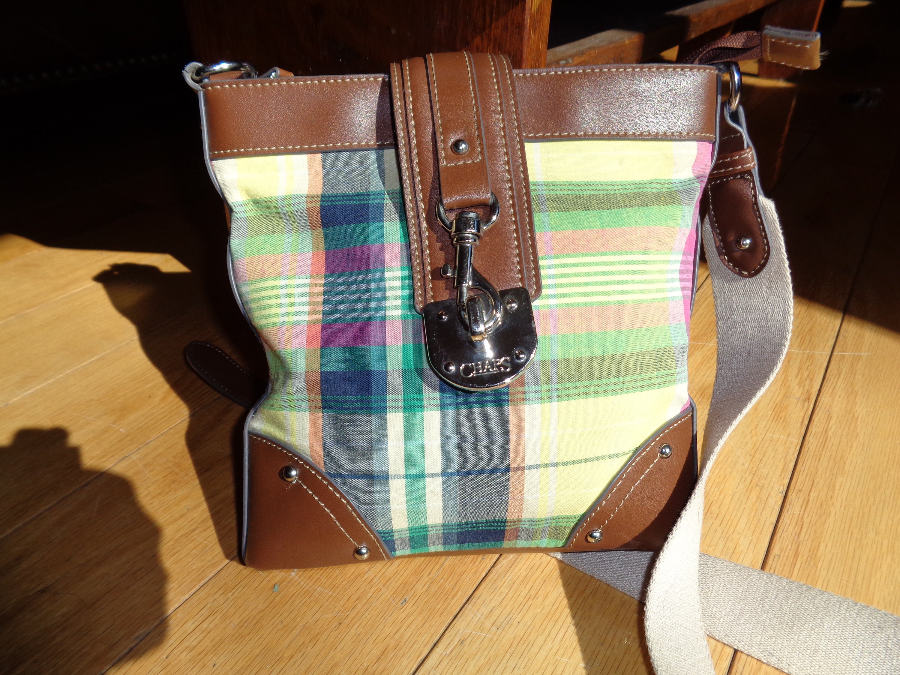 Vintage Ralph Lauren CHAPS Brand Label Spring Plaid Cloth and Pleather Trim  Cross Body Purse in Very Good Vintage Condition 