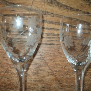 May include: Two clear wine glasses with etched floral designs. The glasses have long stems and a delicate, elegant appearance. The floral pattern includes stylized flowers and leaves, adding a touch of sophistication to the glassware.