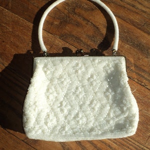 Vintage White Bead Formal Evening Bag Purse with faux Pearl white seed beads and Mother of Pearl beads lined with white satin fabric