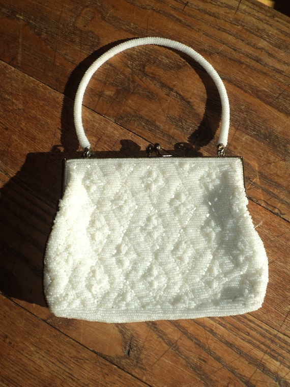 Vintage White Bead Formal Evening Bag Purse with f