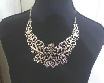 Vintage Relief Bib Necklace, Old World Style, Adjustable Chain