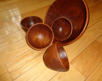 Mid Century Modern Teak Salad Bowl Set, Wood Grain Pattern