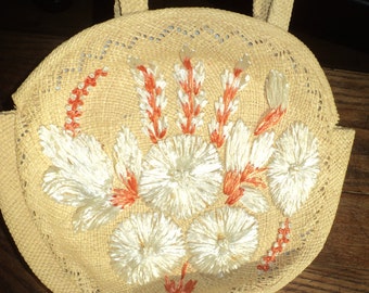 Vintage Hand Woven Straw Handbag with Hand Sewn Embroidered Orange and White Flowers sewn with Raffia  in great condition, hardly used