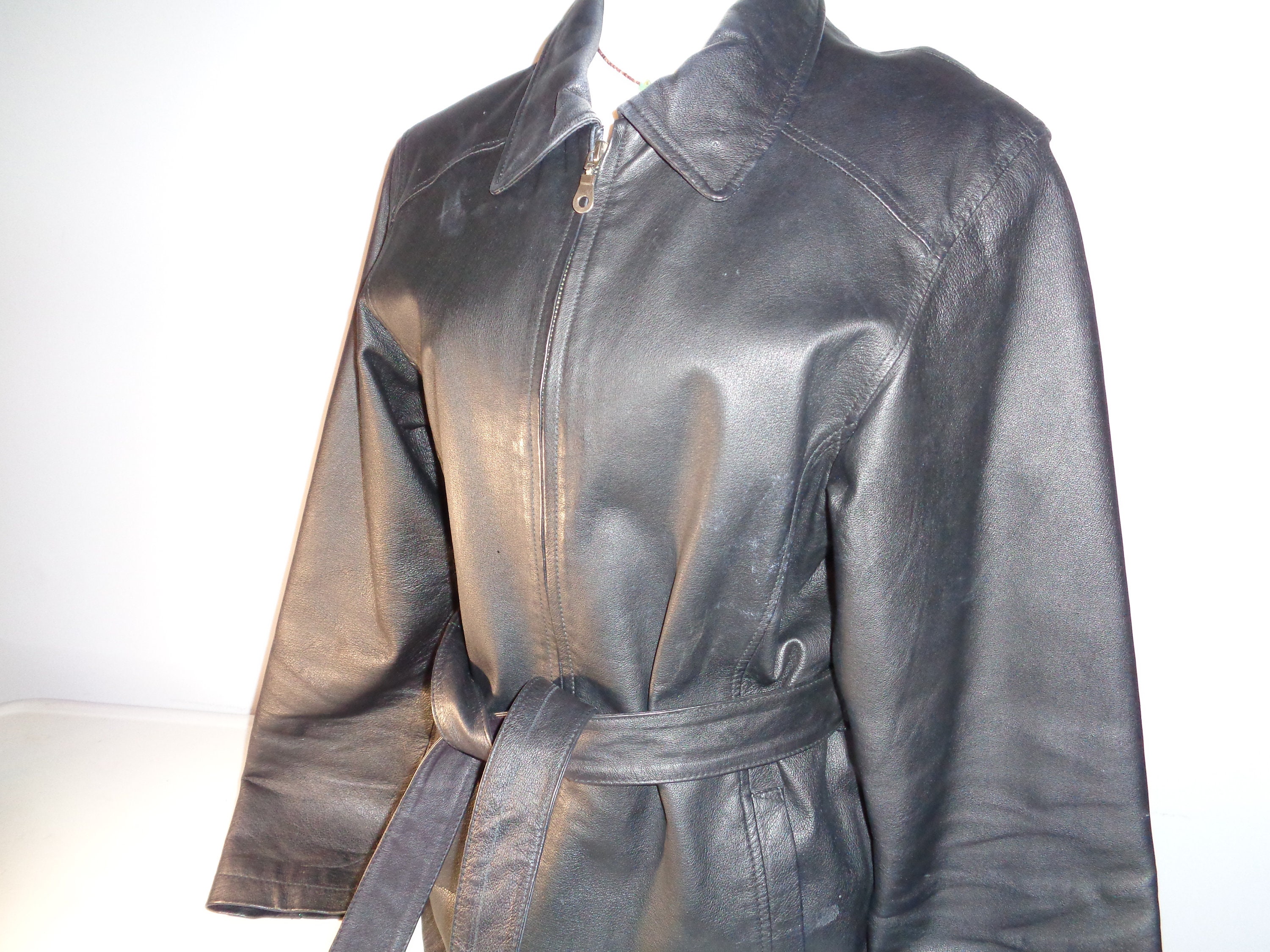 Vintage Black Leather Jacket Size XL Female With Full Metal Zipper and Long Leather Belt to Give You a Beautiful Silhouette Waistline - Etsy Vintage Black Leather Jacket Size XL Female With Full Metal Zipper and Long Leather Belt to Give You a Beautiful Silhouette Waistline - Etsy