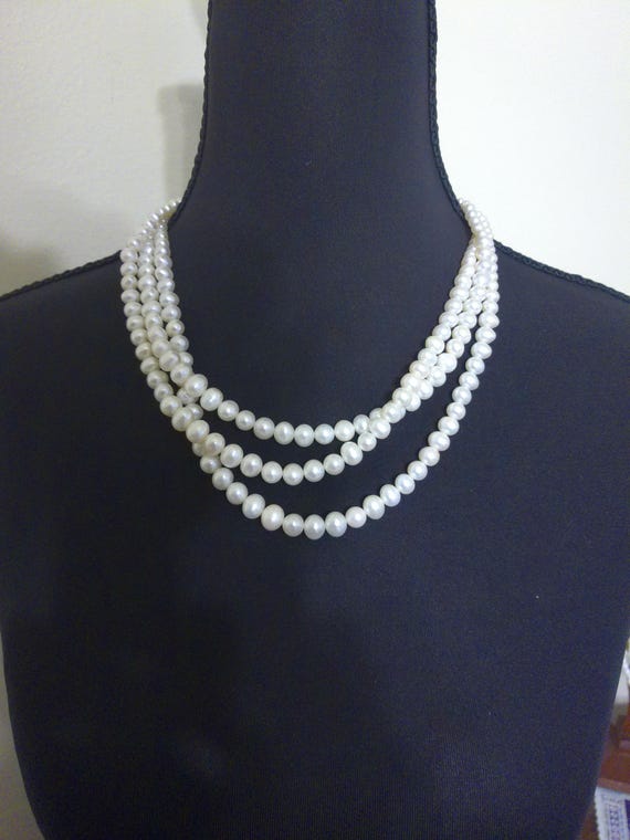 Freshwater Pearl Three-Strand Necklace, Graduated Pearls