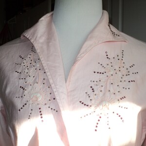 Pu&ograve; includere: Camicia rosa pallido con colletto e maniche lunghe. La camicia presenta ricami floreali con piccoli abbellimenti rosso scuro. La camicia &egrave; esposta su un manichino.