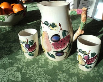 Vintage Hand Painted Fruit Pitcher and Cups Set, Kitchen Kitsch Style