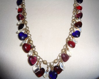 Vintage Heart Glass Beaded Charm Necklace, Adjustable Length