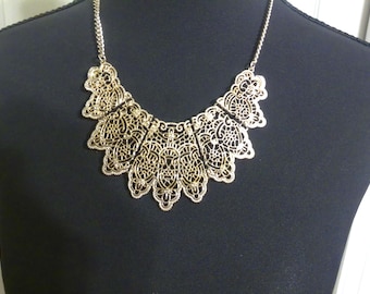 Vintage Victorian Style Bib Necklace, an 18-Inch Necklace with 3-inch extender with intricate relief design with well developed patina