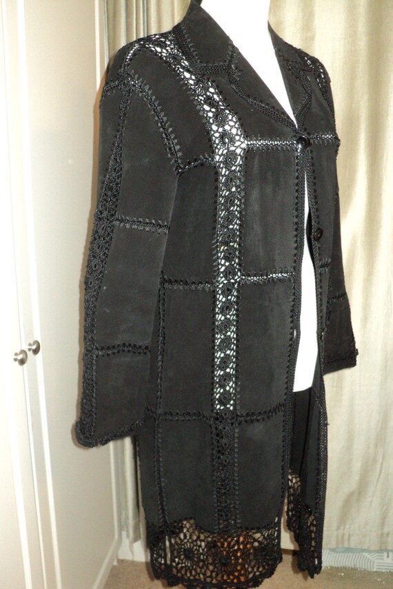 Vintage Black Suede Coat with lace crochet lace cu