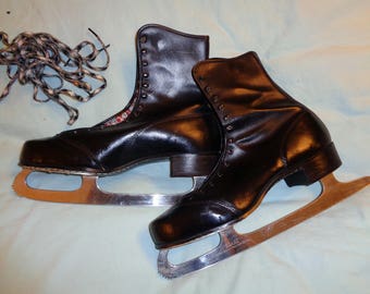 Vintage Size 9 Male  Figure Skates Made in England from Sheffield Steel with Split Cowhide Black Leather in Great Shape