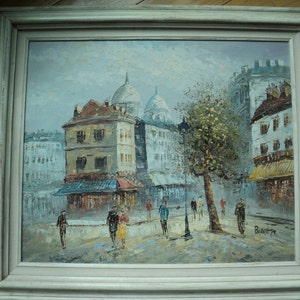 Vintage Original Oil painting of a Parisian street scene in an elegant color palette with great texture by The Artist Caroline Burnett