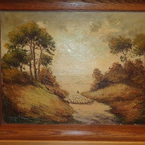 Antique Oil Painting of  A Shepherd and His Flock of Sheep Landscape Scene signed by The Artist with a wonderful well developed Patina