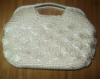 Vintage White Straw Crochet Clutch Handbag, Made in Japan, Beaded Detail
