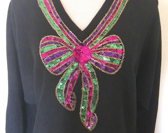 Vintage 1980s Black Sequin Bow Sweater, Mardi Gras Colors, Cotton Ramie Blend