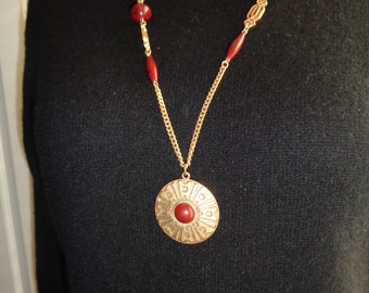 Vintage Stamped Sarah Coventry Pendant Style Necklace with Faux Gold Chain Link and Brutalist Style Faux Gold Pendant with plastic beads