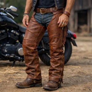 Könnte beinhalten: Braune Motorrad-Chaps aus Leder mit Used-Look. Die Chaps haben einen seitlichen Reißverschluss, dekorative Nähte und Fransen. Sie werden mit einem braunen Ledergürtel und Stiefeln getragen. Im Hintergrund ist ein schwarzes Motorrad zu sehen.