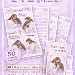 Puede incluir: Pegatinas cristianas digitales para Bible Journaling y devocionales. Las pegatinas presentan ilustraciones de Jesús con una mujer, con texto en español. Las pegatinas son en tonos morados y blancos, con acentos florales.