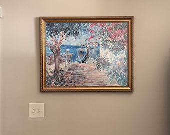 Framed Mediterranean Coastal Print | Vintage Style Wall Art | Blue & White Villa Scene | Ornate Gold Frame | European Cottage Decor