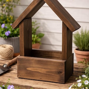 House-Shaped Hanging Planter Box | Rustic Wood Indoor Outdoor Plant Holder | Farmhouse Porch Shelf Decor | Housewarming Mother's Day Gift