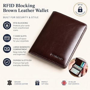 May include: A brown leather wallet with RFID blocking technology. The wallet has multiple card slots and a large banknote compartment. The image also shows the wallet's features, including durable construction and genuine cowhide leather.