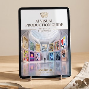 May include: A tablet displaying the AI Visual Production Guide Art Styles & Techniques by Solart AI Olya Luchko. The screen shows a digital gallery interior with various framed artworks and a central figure standing under a domed ceiling.