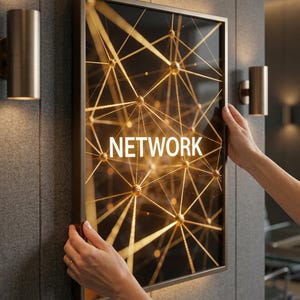 Pode incluir: Uma obra de arte emoldurada com a palavra "NETWORK" em texto branco. A imagem apresenta um design geométrico dourado sobre um fundo escuro. A obra de arte está sendo segurada por duas mãos e está montada em uma parede cinza texturizada.