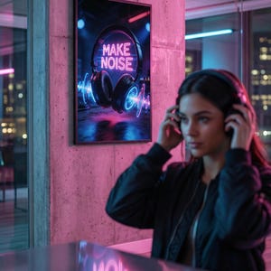 May include: A framed poster with the words "MAKE NOISE" in neon lights, featuring a pair of headphones. The poster is mounted on a concrete wall. A person wearing headphones is in the foreground.