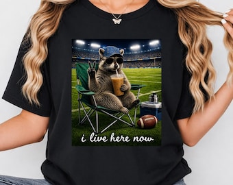 Funny Raccoon Football PNG, I Live Here Now Shirt Design, Iced Coffee Raccoon Graphic, Game Day Fan Art, Sports Meme PNG Digital Download